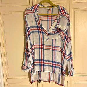 White plaid cuffed sleeve blouse